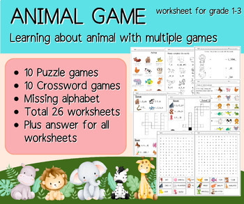 Animal words for beginning + puzzle and crossword games. by Teacher AirTing