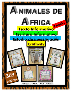 Preview of Animales de AFRICA African Animals Reading Writing  Creaftivity ResearchText Art