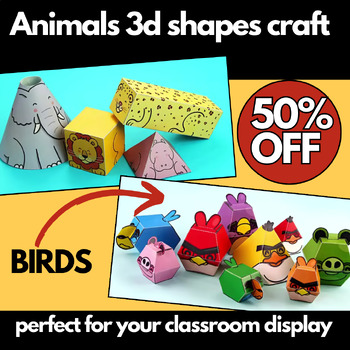 Preview of Animals 3d shapes craft,3d shape nets, kindergraten printables craft  shapes