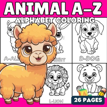 Preview of Animals Alphabet A-Z  Coloring pages Vocabulary Worksheet for Pre-K, K ,1st