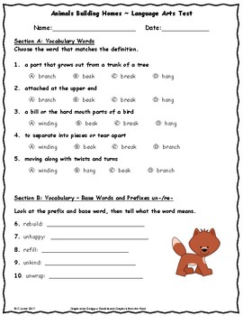 Preview of Animals Building Homes ~ Language Arts Test ~ 2nd Grade ~ HMH Journeys