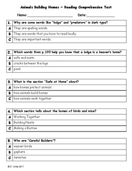 Preview of Animals Building Homes ~ Reading Comprehension Test ~ 2nd Grade ~ HMH Journeys