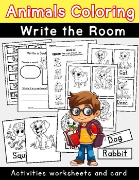 Preview of Animals Coloring Write the Room Activities worksheets and card