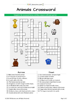 Animals Crossword (Classroom and Online) by Janick Kshlerin TPT