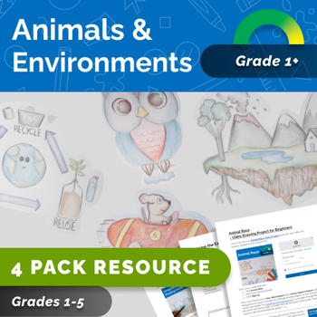 Preview of ANIMALS & ENVIROMENTS Drawing Bundle - 4 Video Projects for Beginners