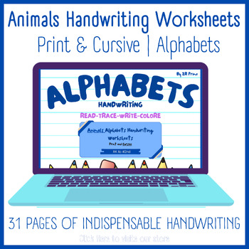 Preview of Animals Handwriting Worksheets | Print and Cursive | Alphabets