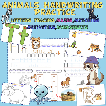 Preview of Animals HandwritingPractice,Letters Tracing,Mazes,Matching Activities,Worksheets