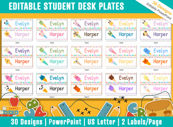 Preview of Animals Ice Cream Student Desk Plates: 30 Editable Designs with PowerPoint