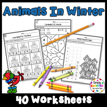 Preview of Animals In Winter Themed Kindergarten Math and Literacy Worksheets & Activities