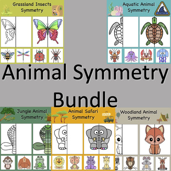 Preview of Animals Lines of Symmetry Drawing Activity Bundle - Fun End of Year Math Art