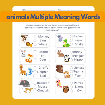 Preview of Animals Multiple Meaning Word Worksheet in a Colorful and Greyscale