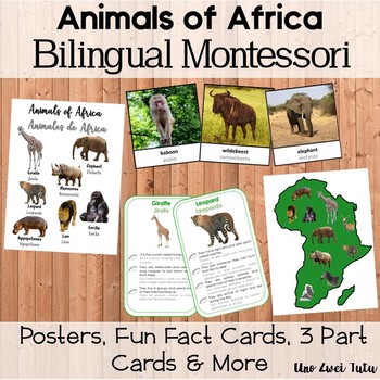 Preview of Animals Of Africa Montessori Pack 3 Part Cards, Fun Fact Cards, Posters