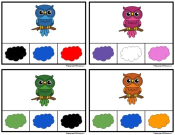 Preview of Animals- Owls- Color Match, Spelling and Writing Clip Cards