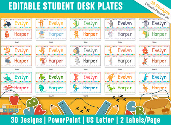 Preview of Animals Playing Music Student Desk Plates: 30 Editable Designs with PowerPoint