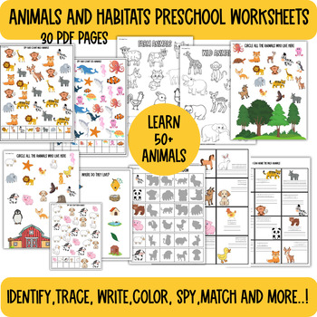 Preview of Animals Preschool Learning Worksheets, Animals and Habitats activity sheets