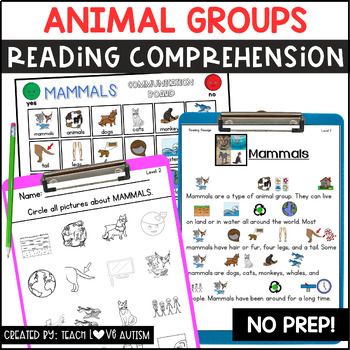 Preview of Animals Reading Comprehension with Visuals for Special Education