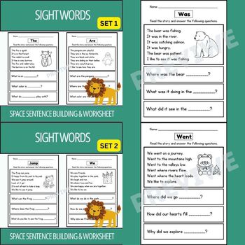 Preview of Animals Space Sight Word High Frequency Words Worksheets - Bundle