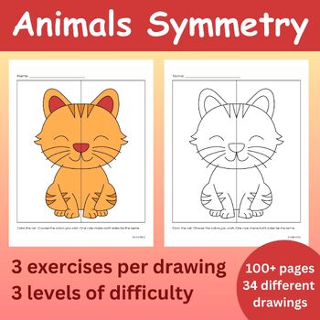 Preview of Animals Symmetry Drawing Activity Bundle - Math Center - Coloring pages