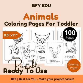 Preview of Animals* Toddler Coloring Book 8.5x11 100 pages