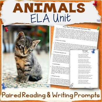 Preview of Animals Unit - Middle School ELA Paired Reading Activities, Writing Prompts