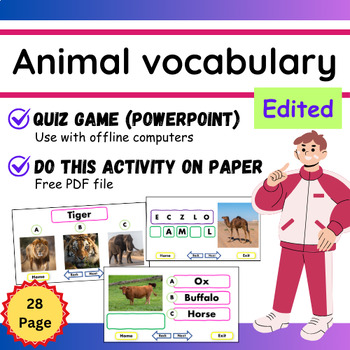 Preview of Animals Vocabulary Quiz Game Offline Computers Game Activity Basic Word Edited