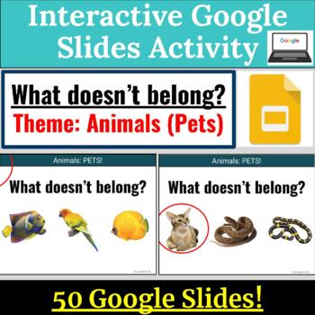 Preview of Animals What Doesn't Belong? Pet Theme for Special Education Google Slides 