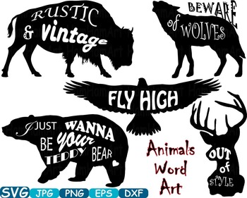Animals Word Art clip art Bear Eagle Deer Wolf Bison silhouette t-shirt  -265s
