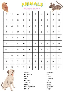 Animals Word Search by Budsarin Saelim | TPT