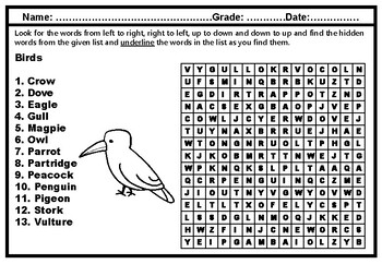 Animals, Word Search Puzzle Worksheets, No Prep Sub Plan by Nitin Sharma