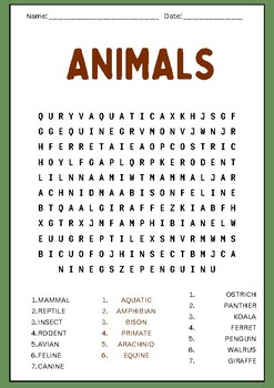 Animals Word Search Puzzles Worksheet Activity by Brain Printable Activity