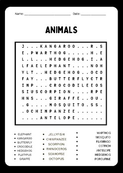 Animals Word Search puzzles worksheet activity by Basic worksheet store