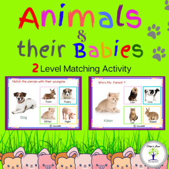 Animals and Their Babies 2 Level Matching Activity Boom Cards and Printable