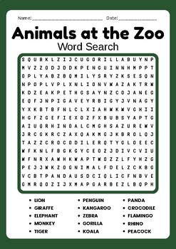 Animals at the Zoo No Prep Word Search puzzle Worksheet | TPT