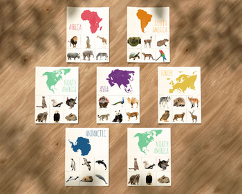 Animals continents cards montessori activity. World animals matching