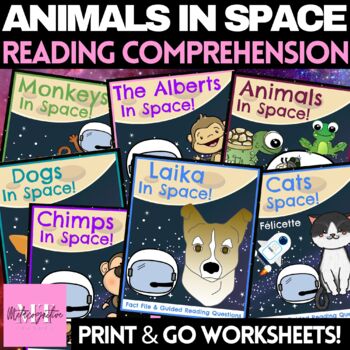 Preview of Animals Space Travel Reading Comprehension Worksheet Bundle