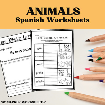 Preview of Animals in Spanish Worksheets Bundle, No Prep Needed
