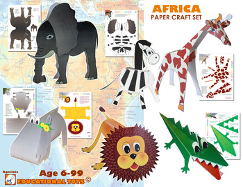 Preview of Animals of Africa, 6 paper toys. PDF file for printing. 3D Paper Art Craft, DIY