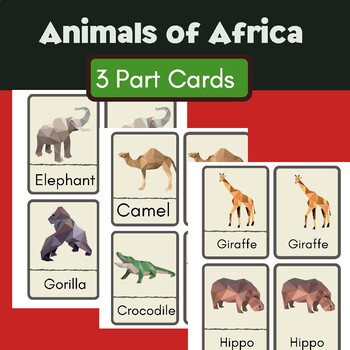 Preview of Animals of Africa Montessori 3 Part Cards for Primary Level and Kindergarten