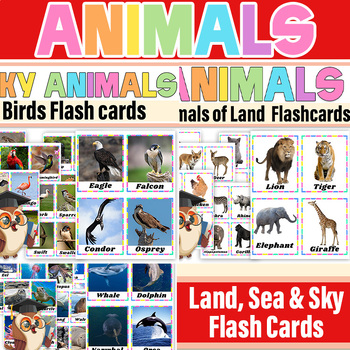 Preview of Animals of the Land, Sea & Sky With Real Photo Flashcards|Animals Picture Poster
