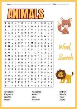 Animals word search puzzle worksheets activities for Kids | TPT