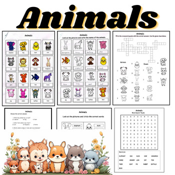 Animals; worksheet, coloring, matching, crossword puzzle, wordsearch