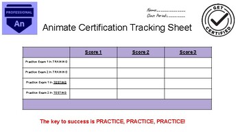 Preview of Animate Certification Tracking Sheet ( for use with GMetrix practice exams)
