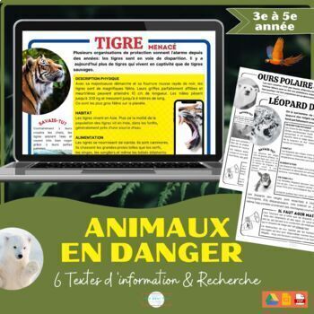 Preview of Animaux en danger Textes & Recherche - Endangered Animals French Earth Day 