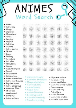 Free Printable Word Search 'Anime Characters Puzzle' Worksheet