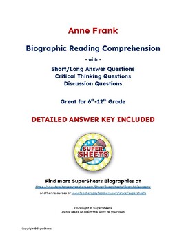 Preview of Anne Frank Biography: Reading Comprehension & Questions w/ Answer Key