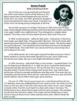 Anne Frank Biography with Reading Comprehension Activities by Rick's