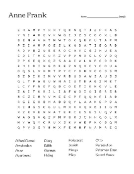 Preview of Anne Frank - EASY Holocaust Vocab Word Search w/ KEY & Coloring page (Sub?)