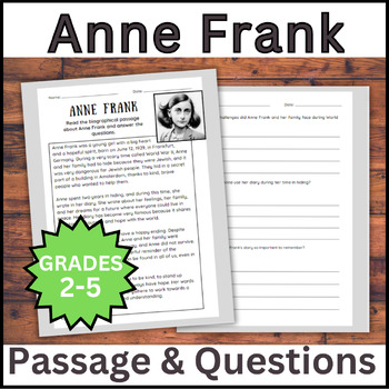 Preview of Anne Frank Biography Reading Passage & Questions Grades 2-5 Women's History
