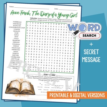 Preview of Anne Frank Word Search Puzzle Activity Vocabulary Worksheet Secret Message