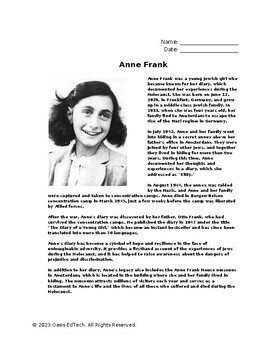 Preview of Anne Frank Worksheet